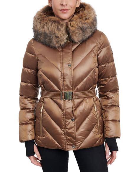 water resistant faux fur trim hooded puffer jacket michael kors|Michael Kors packable jacket.